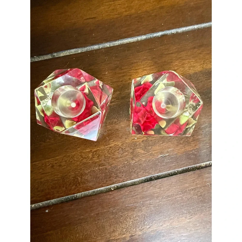 Birdcraft MCM Lucite Red Rose Candle Holders Vintage Geometric Set of 2